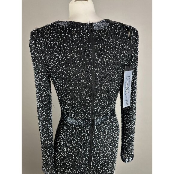 Mac Duggal Black Silver V-Neck Long Sleeve Embellished Dress size 4 NWT 4900D - Picture 6 of 13